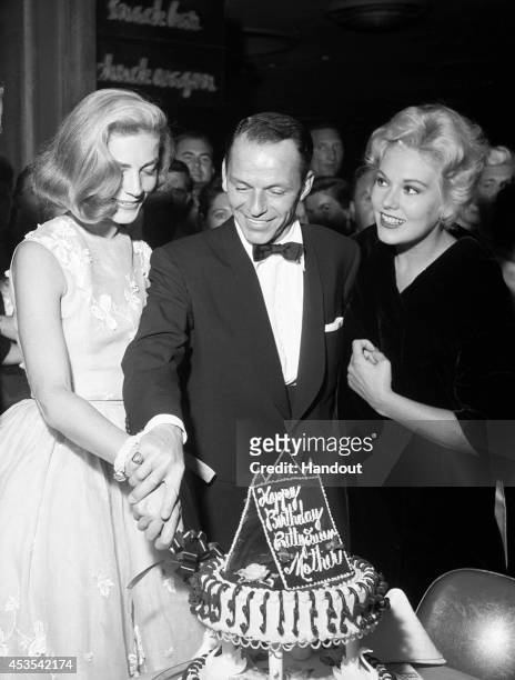 In this handout photo provided by the Las Vegas News Bureau Archives, Lauren Bacall, Frank Sinatra and Kim Novak are seen at the Sands Hotel on...