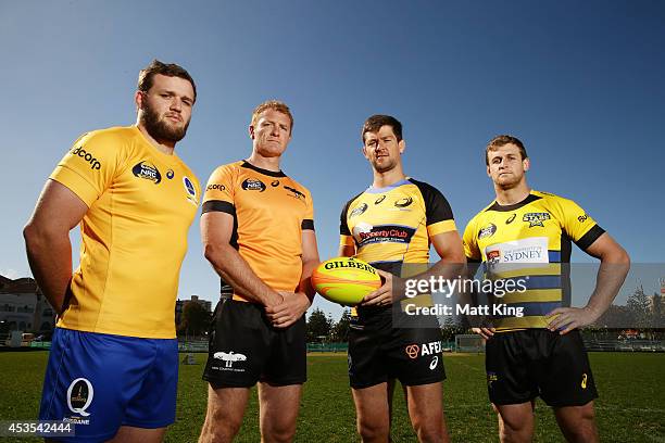Curtis Browning of Brisbane City, Cam Treloar of NSW Country Eagles, Willhelm Steenkamp of Perth Spirit and Pat McCutcheon of the Sydney Stars pose...