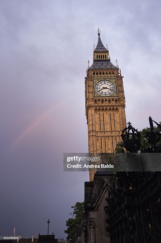 A rainbow shines behind Big Ben after the Hurricane Bertha...