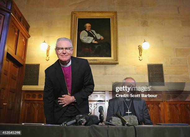 The Archbishop of Canterbury, Justin Welby and Archbishop Philip Freier arrive to attend a press conference ahead of Archbishop Philip Freier's...