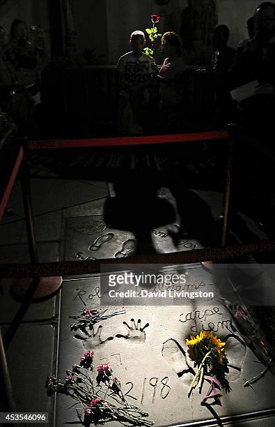 Single spotlight shines on the hand and footprints of actor Robin Williams during a ceremony to honor him at the TCL Chinese Theatre on August 12,...