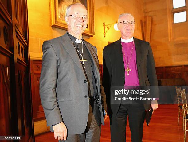 The Archbishop of Canterbury, Justin Welby and Archbishop Philip Freier leave a press conference ahead of Archbishop Philip Freier's inauguration as...