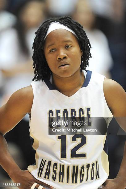 Danni Jackson of the George Washington Colonials looks on during a womens college basketball game against the California Golden Bears on November 15,...