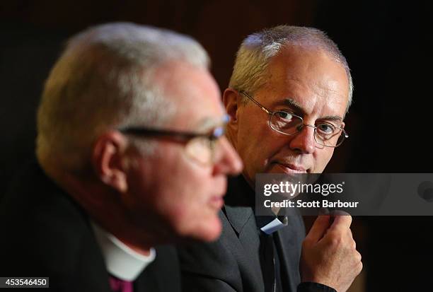 The Archbishop of Canterbury, Justin Welby and Archbishop Philip Freier speak during a press conference ahead of Archbishop Philip Freier's...