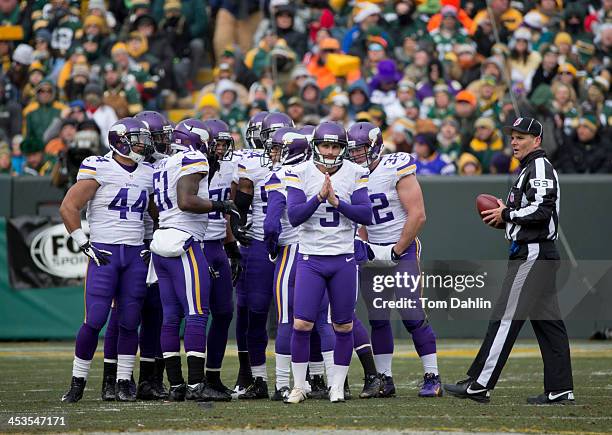 Blair Walsh of the Minnesota Vikings waits during a timeout at an NFL game against the Green Bay Packers at Lambeau Field, November 24, 2013 in Green...