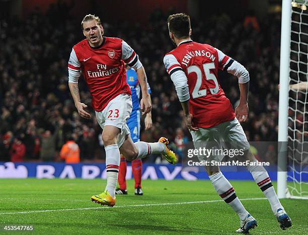 Nicklas Bendtner celebrates scoring for Arsenal during the match at Emirates Stadium on December 4, 2013 in London, England.