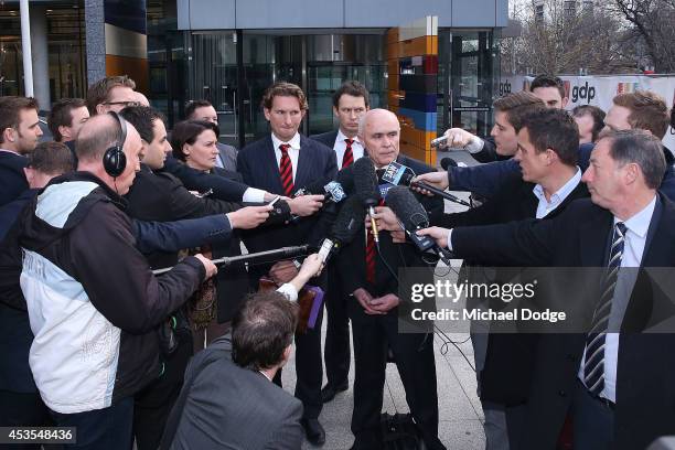 Suspended Essendon Bombers coach James Hird and Bombers President Paul Little speak to media at the Supreme Court after the finish of the case...