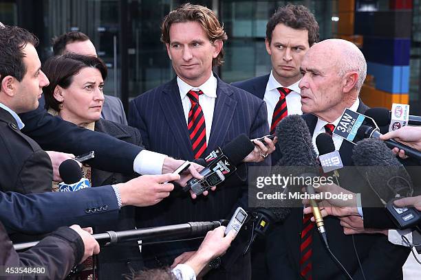 Suspended Essendon Bombers coach James Hird and Bombers President Paul Little speak to media at the Supreme Court after the finish of the case...