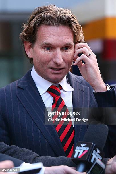 Suspended Essendon Bombers coach James Hird speaks to media at the Supreme Court after the finish of the case looking into the AFL-ASADA...