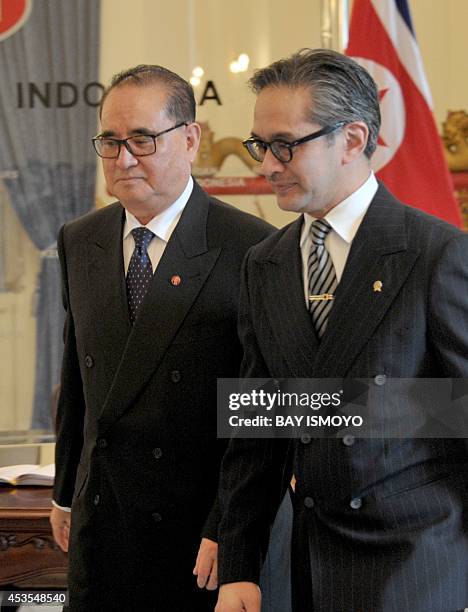 Indonesia's Foreign Minister Marty Natalegawa walks with his North Korean counterpart Ri Su Yong during their meeting in Jakarta on August 13, 2014....