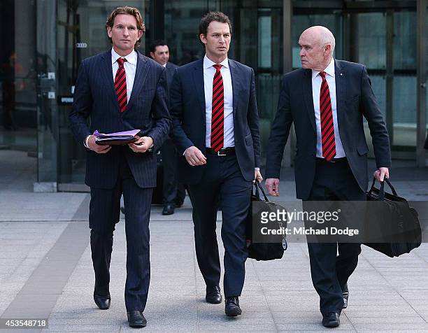 Suspended Essendon Bombers coach James Hird , Bombers CEO Xavier Campbell and Bombers President Paul Little leave the Supreme Court after the finish...