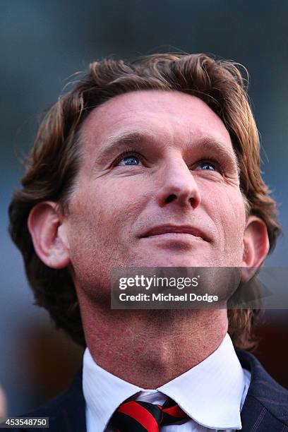 Suspended Essendon Bombers coach James Hird speaks to media at the Supreme Court after the finish of the case looking into the AFL-ASADA...