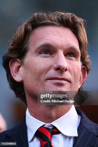 Suspended Essendon Bombers coach James Hird speaks to media at the Supreme Court after the finish of the case looking into the AFL-ASADA...