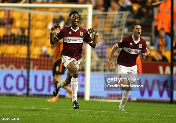 Ivan Toney of Northampton Town celebrates after scoring his sides 2nd goal during the Capital One Cup First Round match between Wolverhampton...