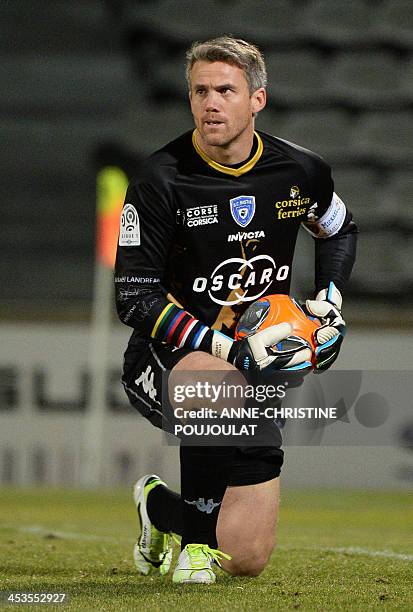 Bastia's French goalkeeper Mickael Landreau catches the ball during the French L1 football match Ajaccio vs Bastia on December 4, 2013 at the...