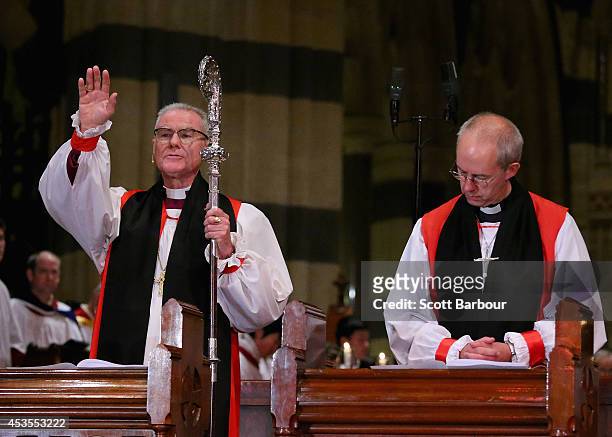 The Archbishop of Canterbury, Justin Welby looks on as Archbishop Philip Freier speaks during the inauguration service of Melbourne Archbishop Philip...