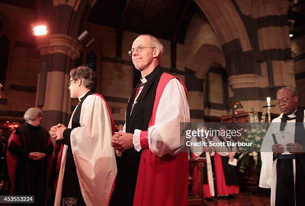 The Archbishop of Canterbury, Justin Welby leaves the inauguration service of Melbourne Archbishop Philip Freier at St. Paul's Cathedral on August...