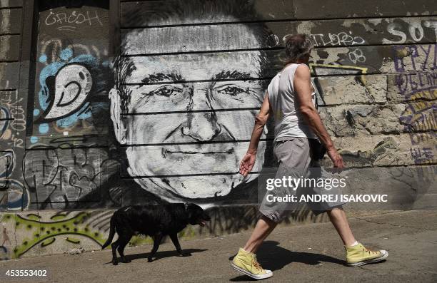 Man with his dog walk past a mural depicting actor Robin Williams in downtown Belgrade on August 13, 2014. Unknown artists drew the Academy...