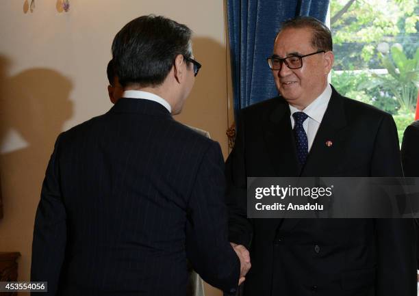 Indonesian Foreign Minister Marty Natalegawa greets his North Korean counterpart Ri Su Yong prior to their meeting at the Ministry of Foreign Affairs...