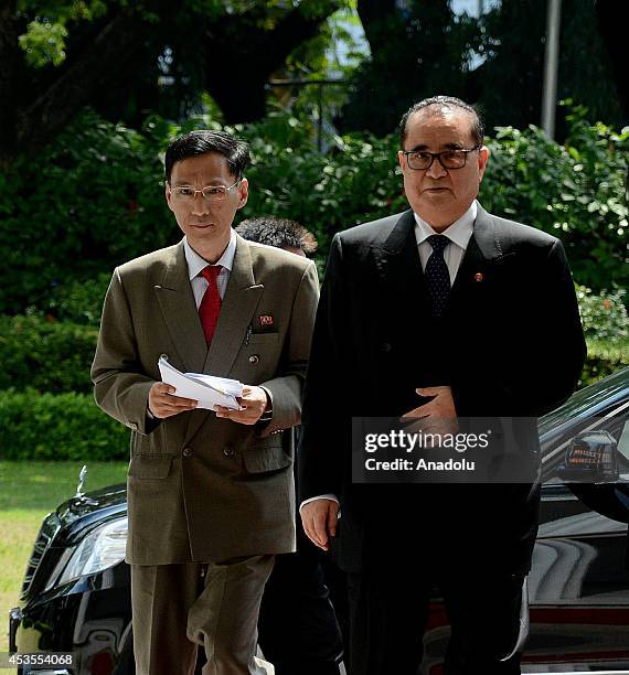 North Korea's Foreign Minister Ri Su Yong arrives in Indonesia's Ministry of Foreign Affairs building to hold a meeting with Indonesian Foreign...