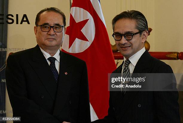 North Korea's Foreign Minister Ri Su Yong is welcomed by his Indonesian counterpart Marty Natalegawa prior to their meeting at the Ministry of...