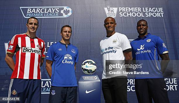 John O'Shea of AFC Sunderland, Phil Jagielka of Everton, Vincent Kompany of Manchester City and Wes Morgan of Leicester City during the Official...