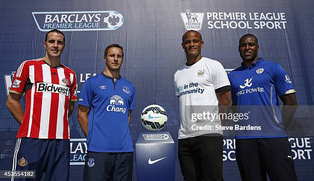 John O'Shea of AFC Sunderland, Phil Jagielka of Everton, Vincent Kompany of Manchester City and Wes Morgan of Leicester City during the Official...