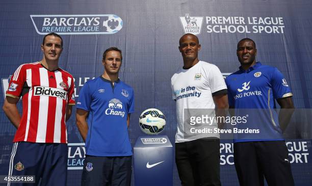 John O'Shea of AFC Sunderland, Phil Jagielka of Everton, Vincent Kompany of Manchester City and Wes Morgan of Leicester City during the Official...