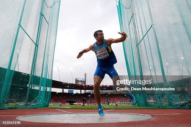 Oleksiy Kasyanov of Ukraine competes in the Men's Decathlon Discus during day two of the 22nd European Athletics Championships at Stadium Letzigrund...