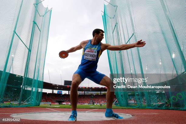 Oleksiy Kasyanov of Ukraine competes in the Men's Decathlon Discus during day two of the 22nd European Athletics Championships at Stadium Letzigrund...