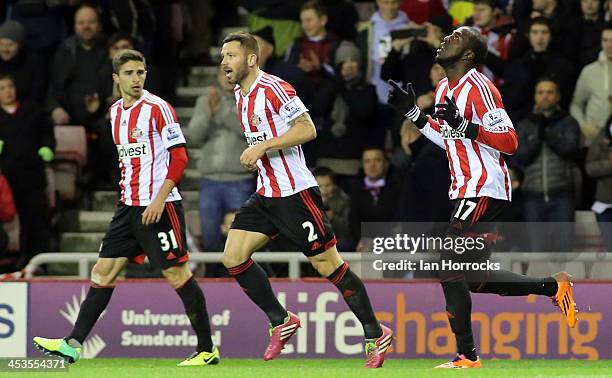 Jozy Altidore of Sunderland celebrates scoring the opening goal during the Barclays Premier League match between Sunderland and Chelsea at The...