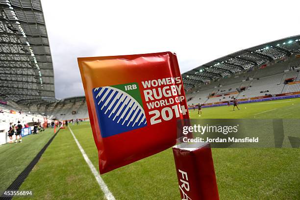 Detailed view of a corner-flag ahead of the IRB Women's Rugby World Cup 5th place match between New Zealand and Wales at Stade Jean Bouin on August...