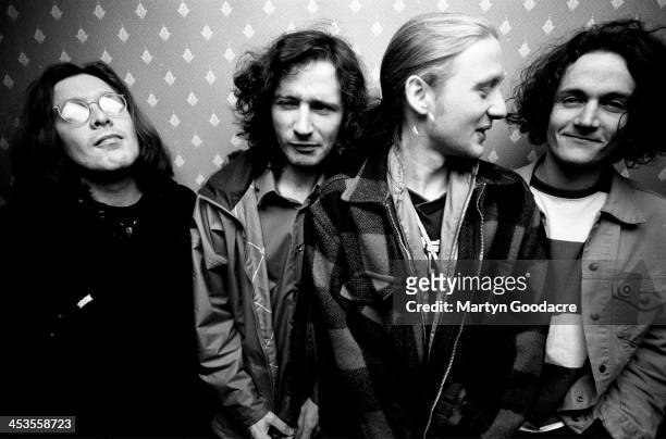 Teenage Fanclub, group portait, Midlands , United Kingdom, 1992. Norman Blake, Raymond McGinley, Brendan O'Hare, Gerard Love.