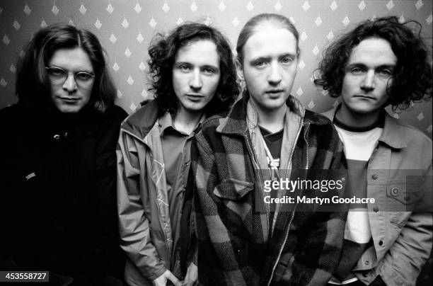Teenage Fanclub, group portait, Midlands , United Kingdom, 1992. Norman Blake, Raymond McGinley, Brendan O'Hare, Gerard Love.