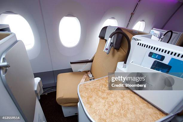 The business class passenger seating of an Airbus A350 XWB aircraft is seen during a media event by Finnair Oyj at Helsinki-Vantaa airport in Vantaa,...