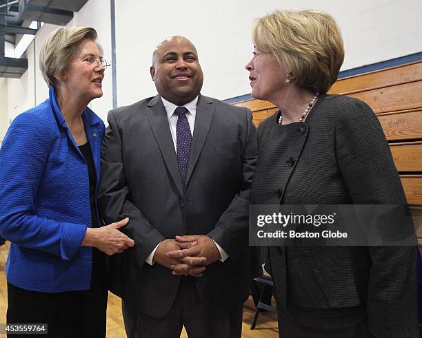 Daniel Rivera chatted with U.S. Senator Elizabeth Warren, left, and U.S. Representative Niki Tsongas before the start of his mayoral inauguration...