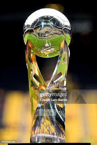The DFL Supercup trophy is displayed prior to kickoff during the DFL Supercup between Borrussia Dortmund and FC Bayern Muenchen at Signal Iduna Park...