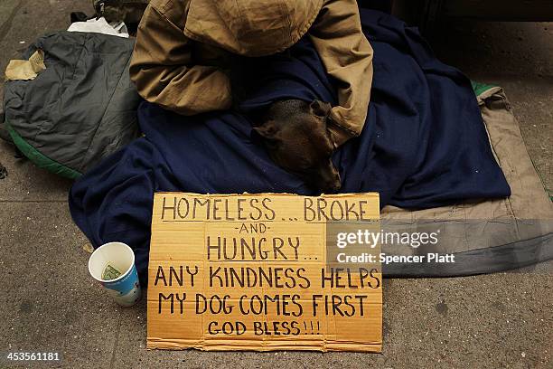 Homemade sign for a person in economic difficulty asks for money along a Manhattan street on December 4, 2013 in New York City. According to a recent...