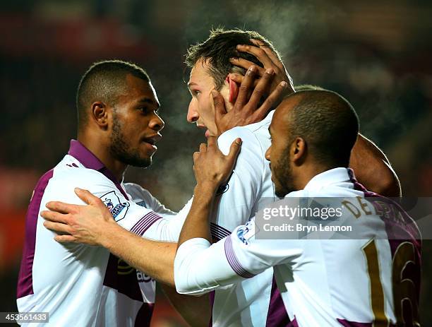 Libor Kozak of Aston Villa celebrates as he scores their second goal with Leandro Bacuna and Fabian Delph during the Barclays Premier League match...