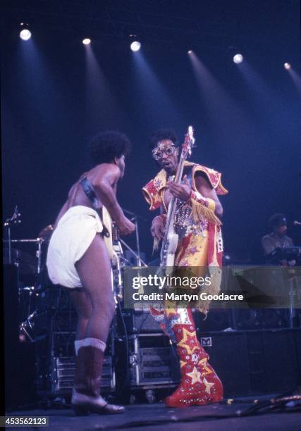 Bootsy Collins performs on stage with Parliament Funkadelic in Rennes, France, December 1989.