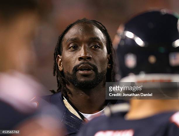 Charles Tillman of the Chicago Bears stands on the sidelines during a preseason game against the Philadelphia Eagles at Soldier Field on August 8,...