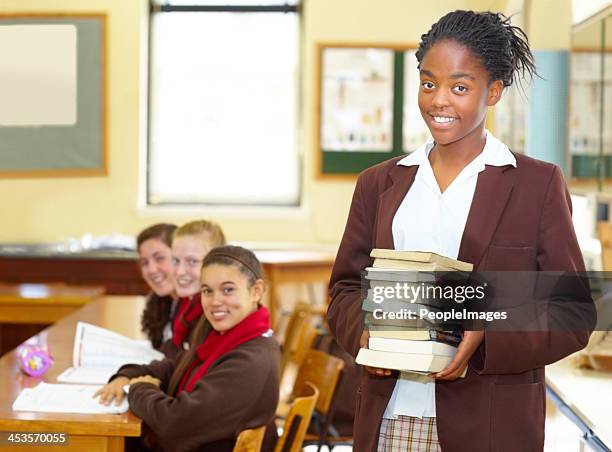 she's an a-student! - african american school uniform stock pictures, royalty-free photos & images