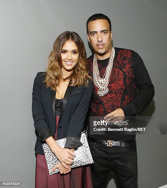 Actress Jessica Alba and recording artist French Montana visit 106 & Park at BET studio on August 13, 2014 in New York City.