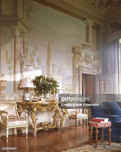 President of the Lungarno Collection, Leonardo Ferragamo and wife Maria Beatrice Ferragamo's Tuscan villa is photographed for Elle Decor in 2005 in...