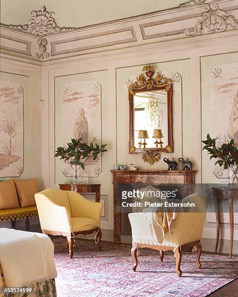President of the Lungarno Collection, Leonardo Ferragamo and wife Maria Beatrice Ferragamo's Tuscan villa is photographed for Elle Decor in 2005 in...