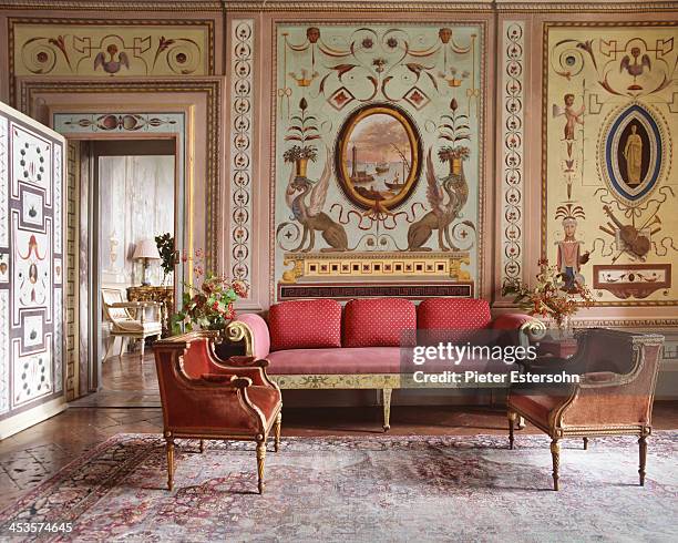 President of the Lungarno Collection, Leonardo Ferragamo and wife Maria Beatrice Ferragamo's Tuscan villa is photographed for Elle Decor in 2005 in...