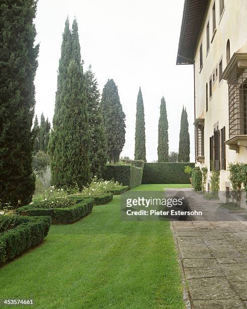 President of the Lungarno Collection, Leonardo Ferragamo and wife Maria Beatrice Ferragamo's Tuscan villa is photographed for Elle Decor in 2005 in...