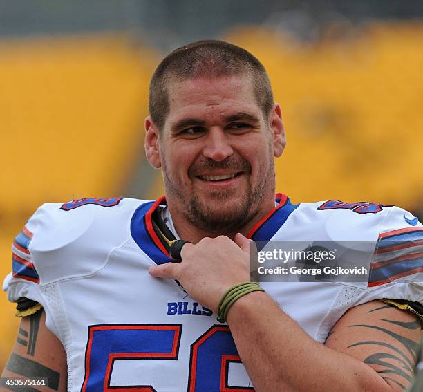 Offensive lineman Doug Legursky of the Buffalo Bills looks on from the field after a game against the Pittsburgh Steelers at Heinz Field on November...