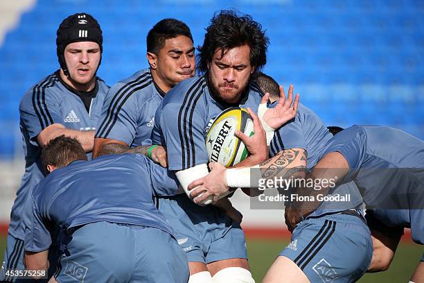 All Black Steven Luatua in the maul during a New Zealand All Blacks training session at Trusts Stadium at Trusts Stadium on August 14, 2014 in...