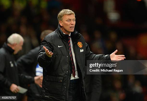 Manchester United Manager David Moyes reacts during the Barclays Premier League match between Manchester United and Everton at Old Trafford on...